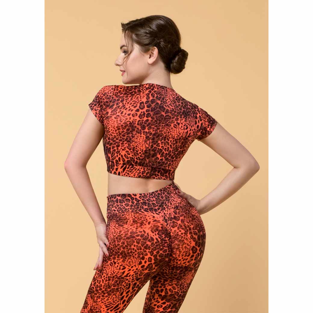 Mpoustaki Xorou Gynaikeio Grandprix Malia Short Sleeve Coral Animal Print Back MelizDanceShop