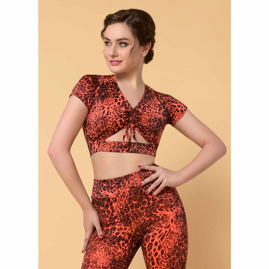 Mpoustaki Xorou Gynaikeio Grandprix Malia Short Sleeve Coral Animal Print MelizDanceShop