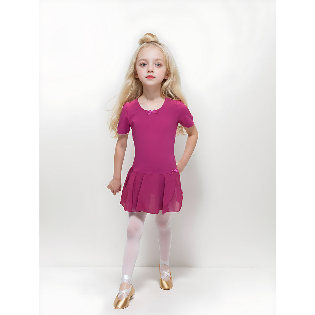 Paidiko Kormaki Xorou Me Fousta Konto Maniki GoDance Short Sleeve Leoterd With Skirt Fuchsia MelizDanceShop