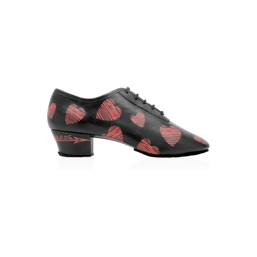 Papoutsia Latin Practice Gynaikeia Xeiropoihta Ray Rose Black Leather with Heart Print Profile MelizDanceShop