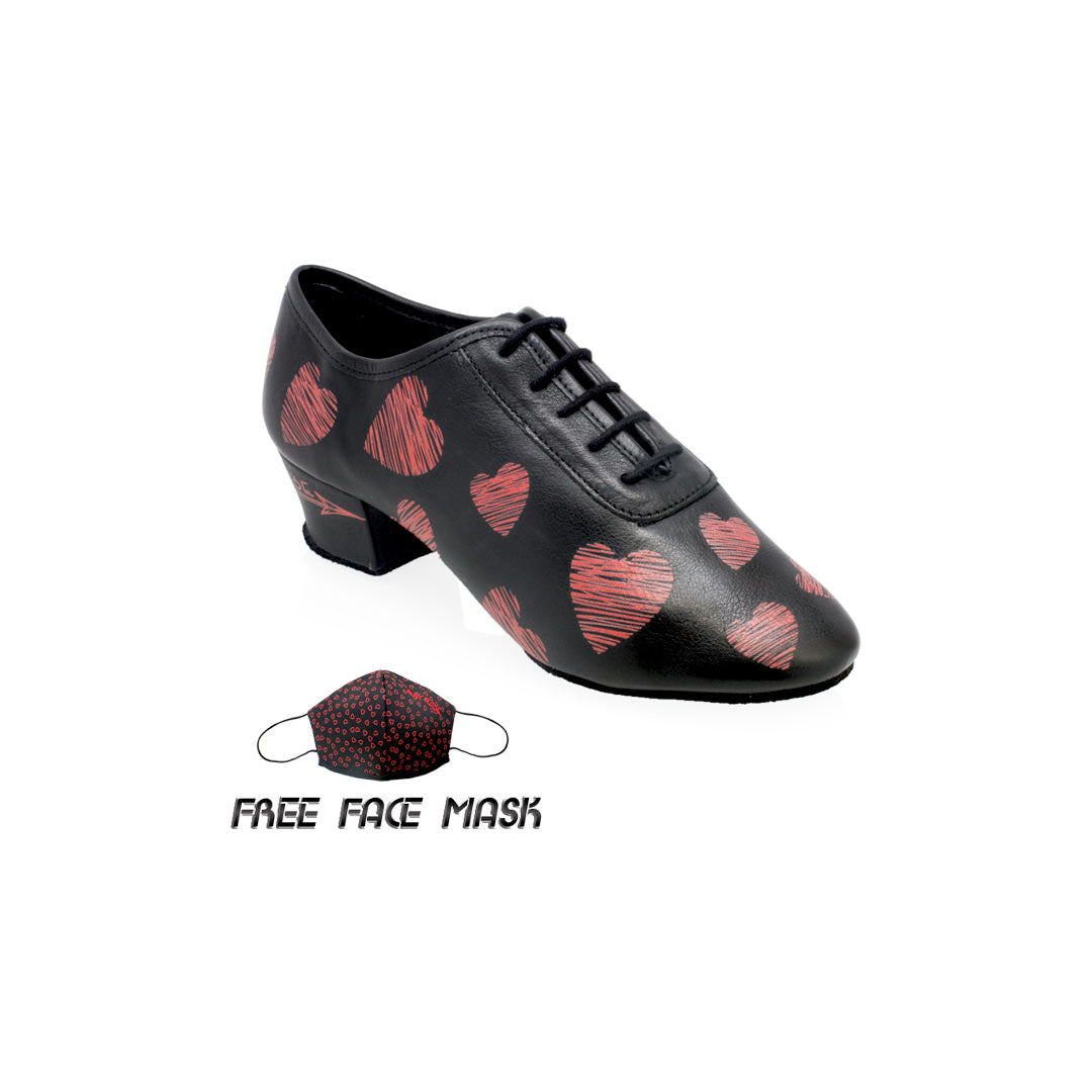 Papoutsia Latin Practice Gynaikeia Xeiropoihta Ray Rose Black Leather with Heart Print MelizDanceShop
