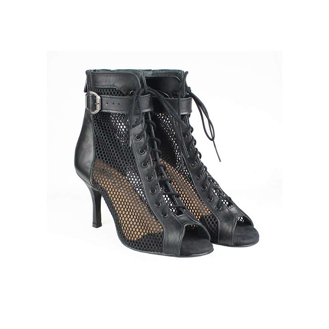 Mpotakia Xorou High Heels Akces Lisa Dance Boots Leather Net Black Pair MelizDanceShop