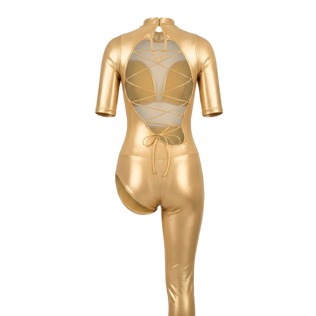 Olosomi Forma Aerial Pania Refresh Golden Flow Catsuit Aerial Silk Unitard Trouakar Sleeve Lycra Beige Mesh Back MelizDanceShop