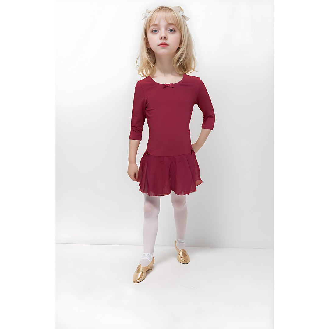 Paidiko Kormaki Xorou Me Fousta 3/4 Maniki GoDance Trouakar Sleeve Leotard With Skirt Burgundy MelizDanceShop