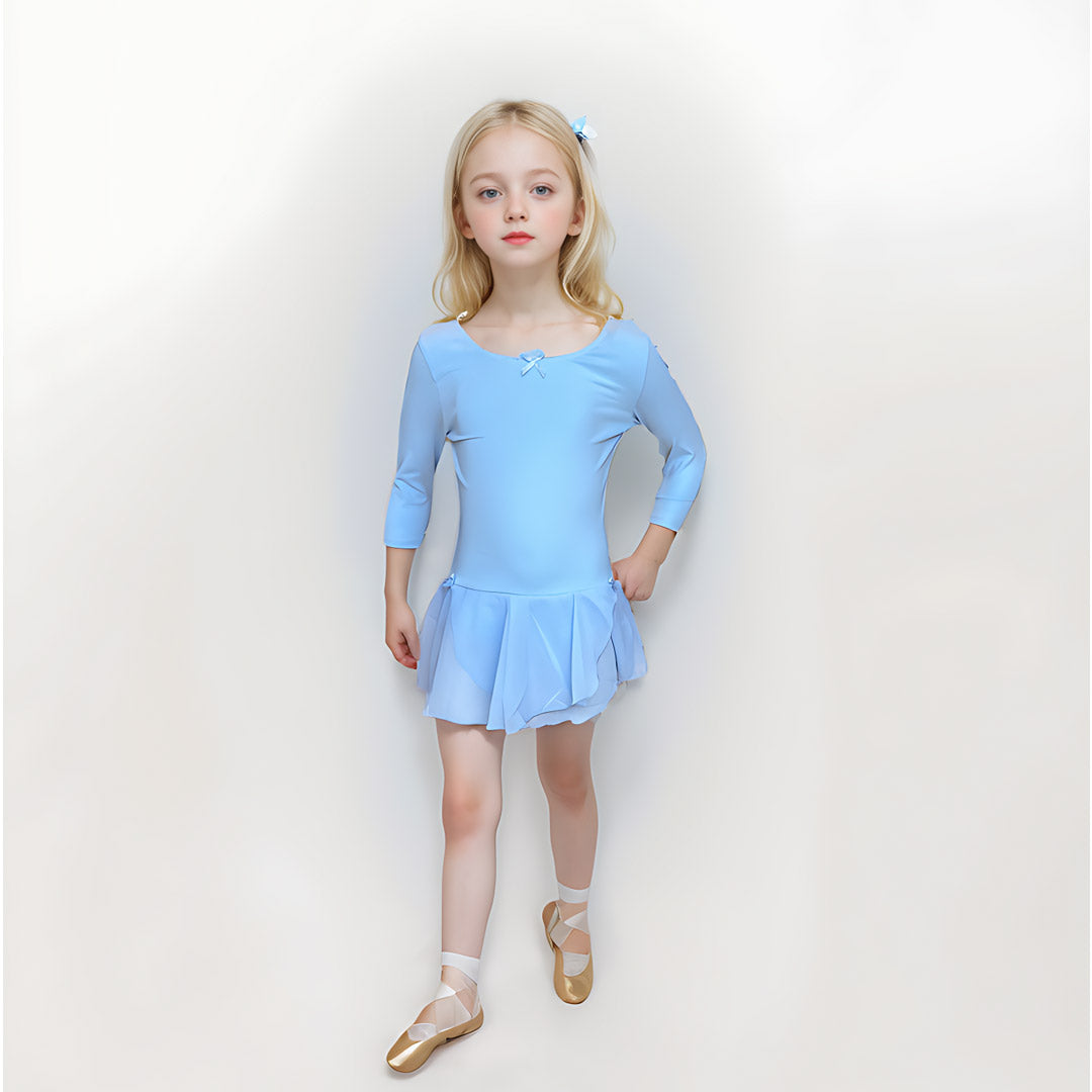 Paidiko Kormaki Xorou Me Fousta 3/4 Maniki GoDance Trouakar Sleeve Leotard With Skirt SkyBlue MelizDanceShop