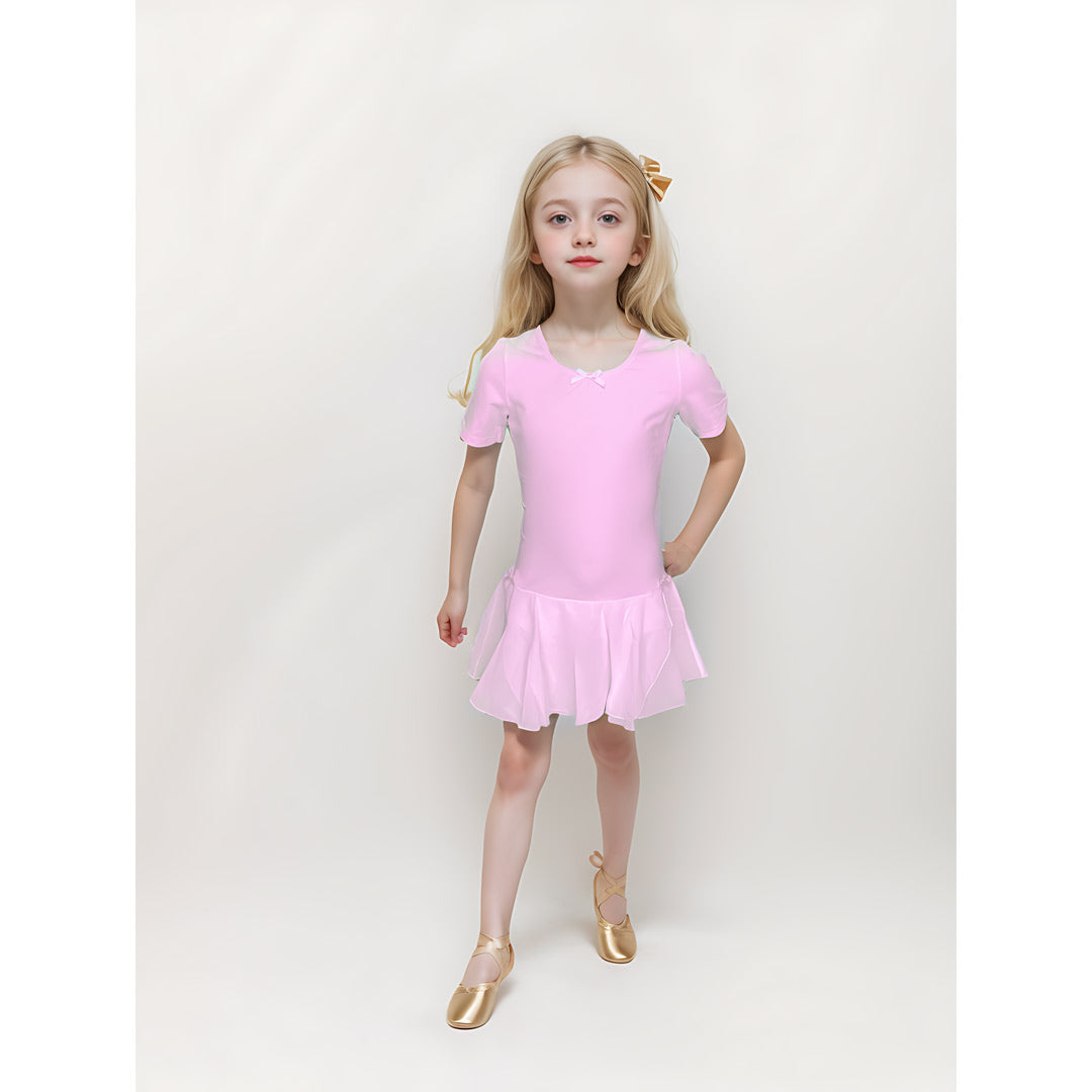 Paidiko Kormaki Xorou Me Fousta Konto Maniki GoDance Short Sleeve Leoterd With Skirt PetalPink MelizDanceShop