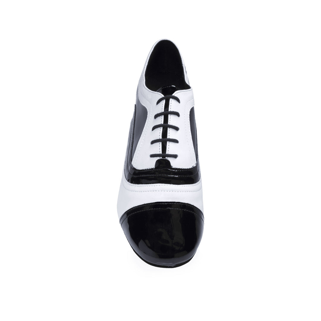 Papoutsia Xorou Latin Andrika Xeiropoihta RayRose Rafael 319 Black Patent White Leather Front MelizDanceShop