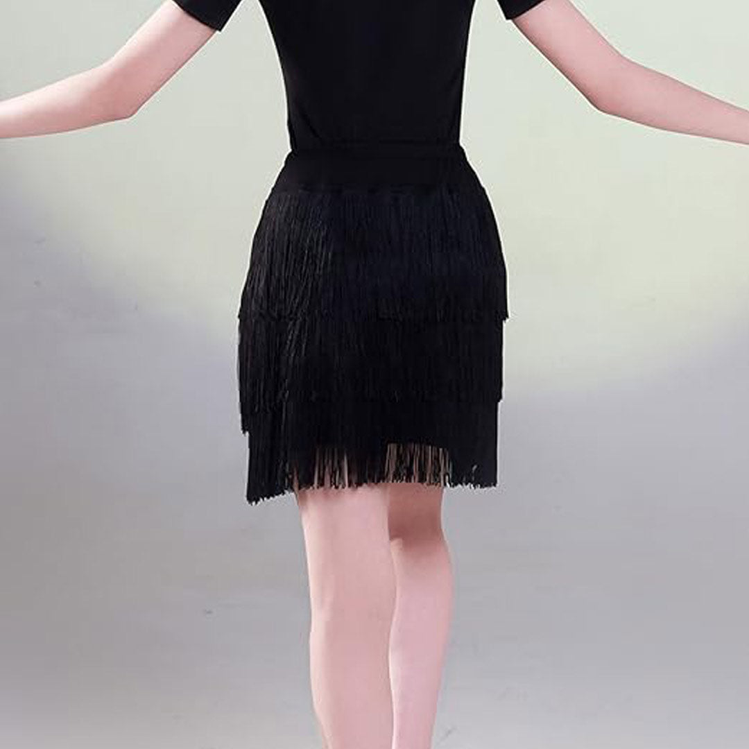 Sortsaki Fousta Xorou Latin Me Krossia GP 9966 Fringes Skirt Black Back MelizDanceShop