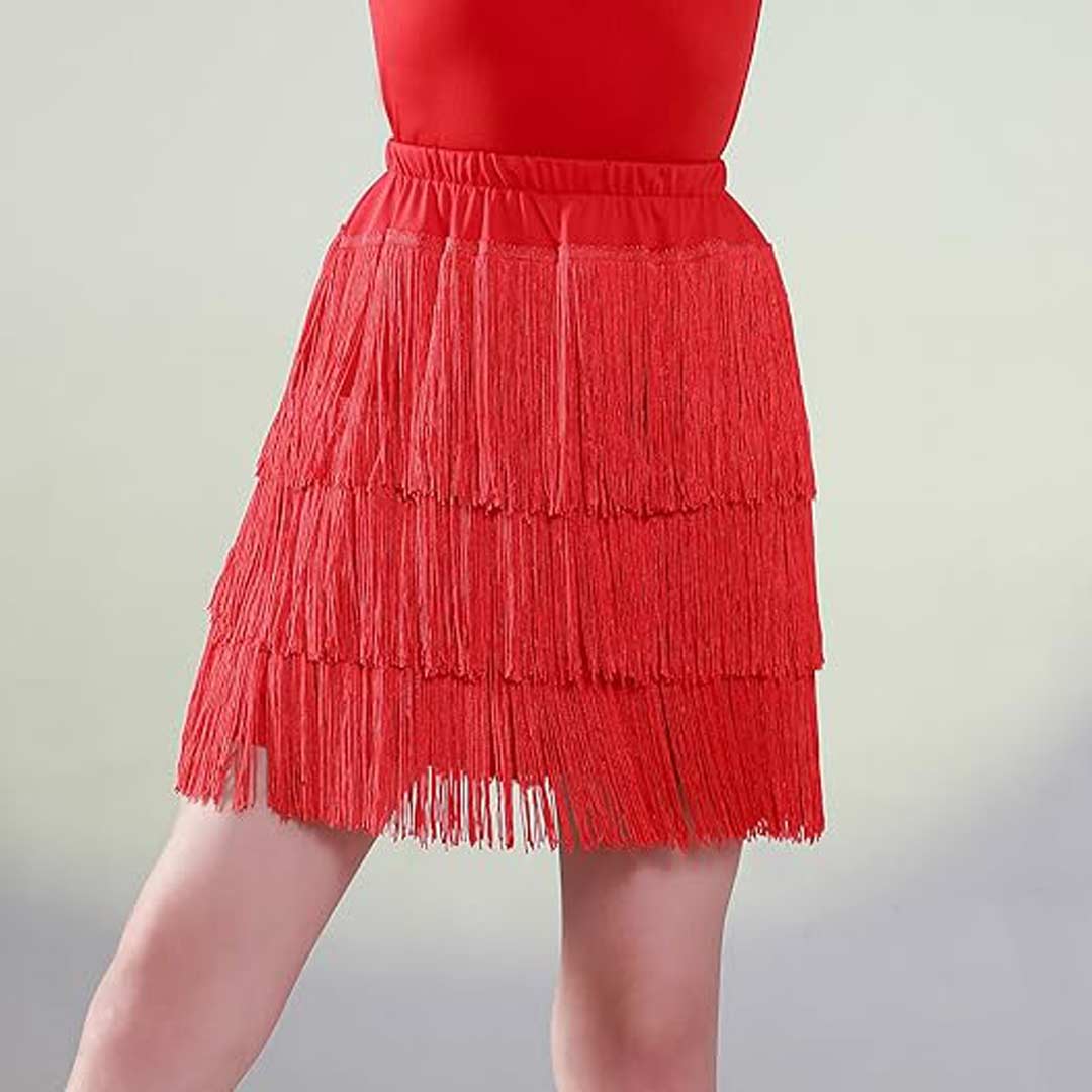 Sortsaki Fousta Xorou Latin Me Krossia GP 9966 Fringes Skirt Red Front MelizDanceShop