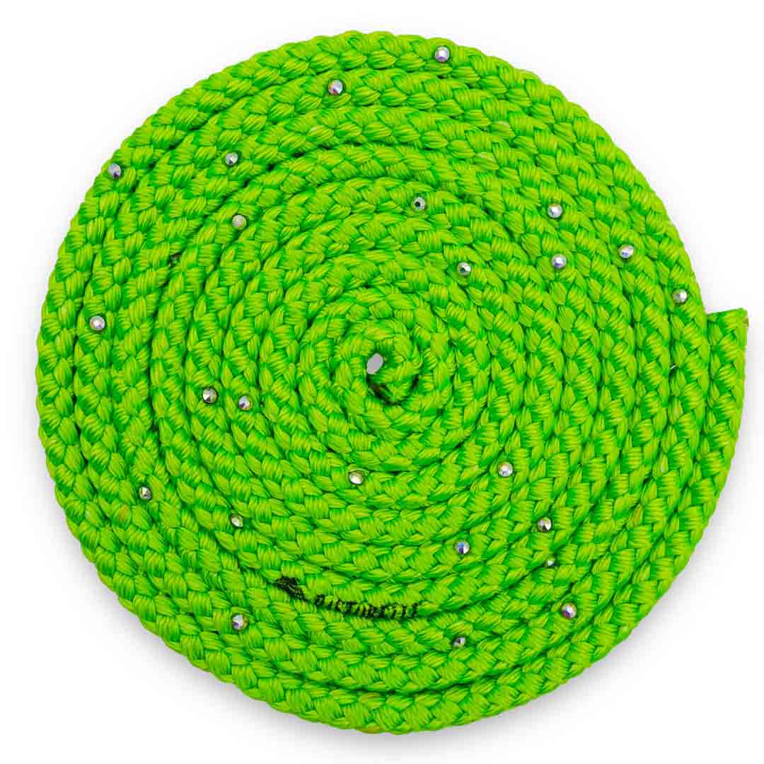 Sxoinaki Rythmikis Gymnastikis Monoxromo Me Strass Agonistiko Pastorelli Patrasso Monochromatic Rope with Swarovski Rhinestones FIG 02403 Lime Green MelizDanceShop